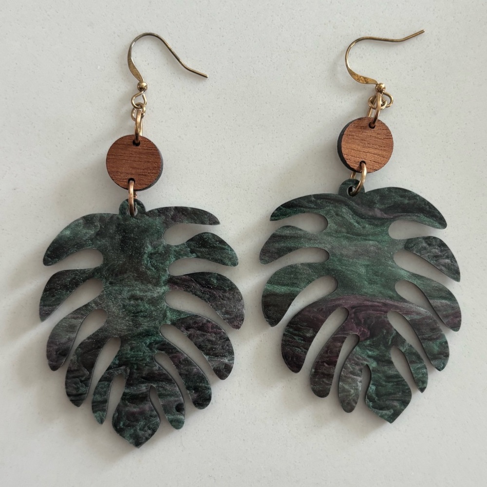 Green Monstera Leaf Laser Cut Acrylic Earrings Drop for Pierced Ears Red Black